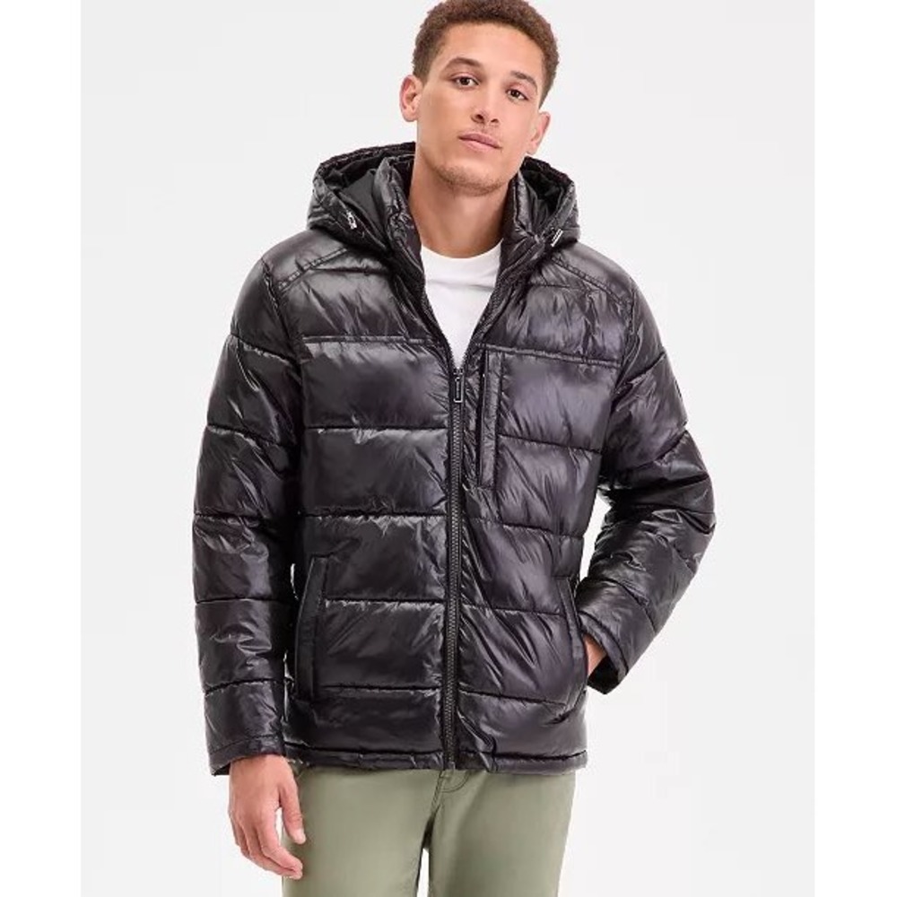 Michael Kors Mens Black High Shine Hooded Puffer Jacket MMK63984 NWT coat sz M